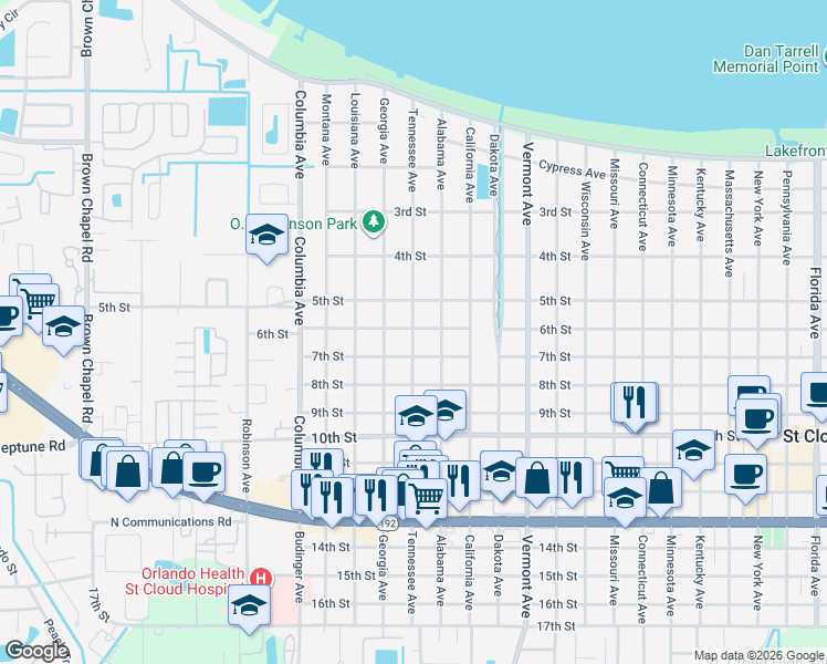 map of restaurants, bars, coffee shops, grocery stores, and more near 601 Tennessee Avenue in St. Cloud
