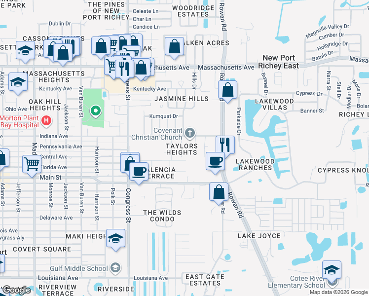 map of restaurants, bars, coffee shops, grocery stores, and more near 6452 Taylor Court in New Port Richey