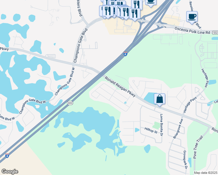 map of restaurants, bars, coffee shops, grocery stores, and more near 239 Whirlaway Drive in Davenport