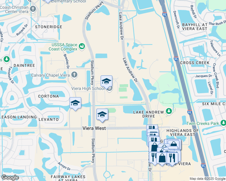 map of restaurants, bars, coffee shops, grocery stores, and more near 6103 Stadium Parkway in Melbourne