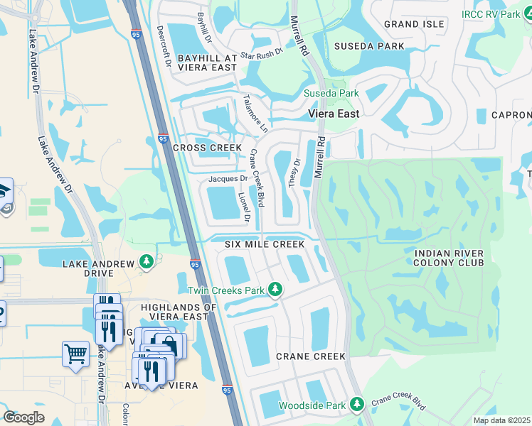 map of restaurants, bars, coffee shops, grocery stores, and more near 1905 Crane Creek Boulevard in Melbourne