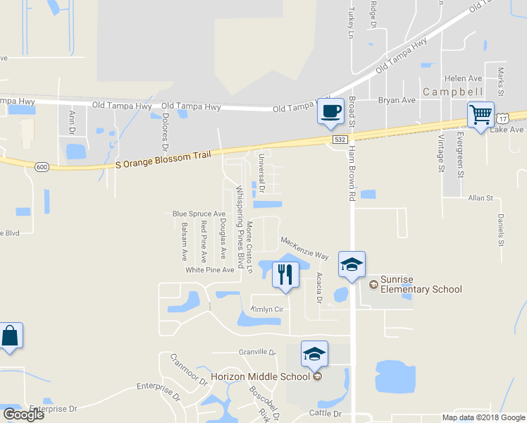 map of restaurants, bars, coffee shops, grocery stores, and more near 1842 Monte Cristo Lane in Kissimmee