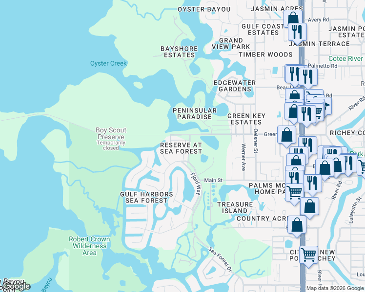 map of restaurants, bars, coffee shops, grocery stores, and more near 6517 Sand Shore Lane in New Port Richey