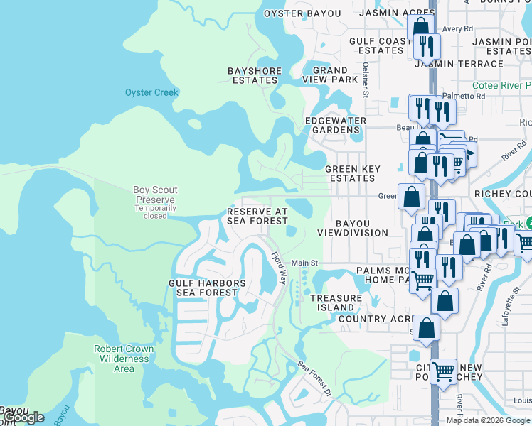 map of restaurants, bars, coffee shops, grocery stores, and more near 6517 Sand Shore Lane in New Port Richey