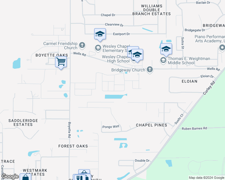 map of restaurants, bars, coffee shops, grocery stores, and more near 6565 Stovall Street in Wesley Chapel