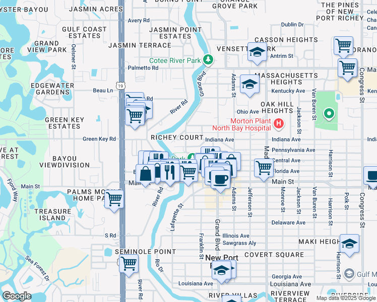 map of restaurants, bars, coffee shops, grocery stores, and more near 6502 Grand Boulevard in New Port Richey