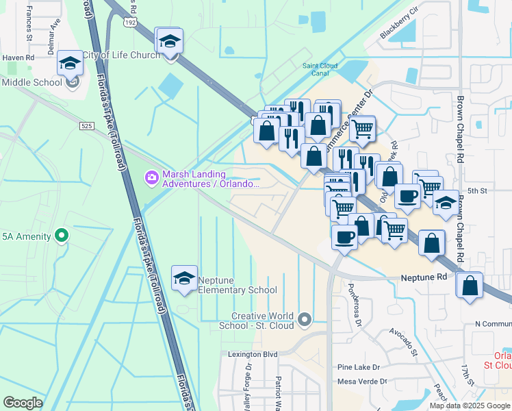 map of restaurants, bars, coffee shops, grocery stores, and more near 4870 Battaglia Boulevard in St. Cloud