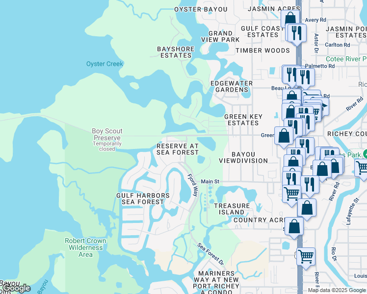 map of restaurants, bars, coffee shops, grocery stores, and more near 6518 Sand Shore Lane in New Port Richey