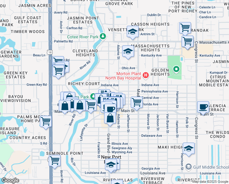 map of restaurants, bars, coffee shops, grocery stores, and more near 6541 Circle Boulevard in Port Richey