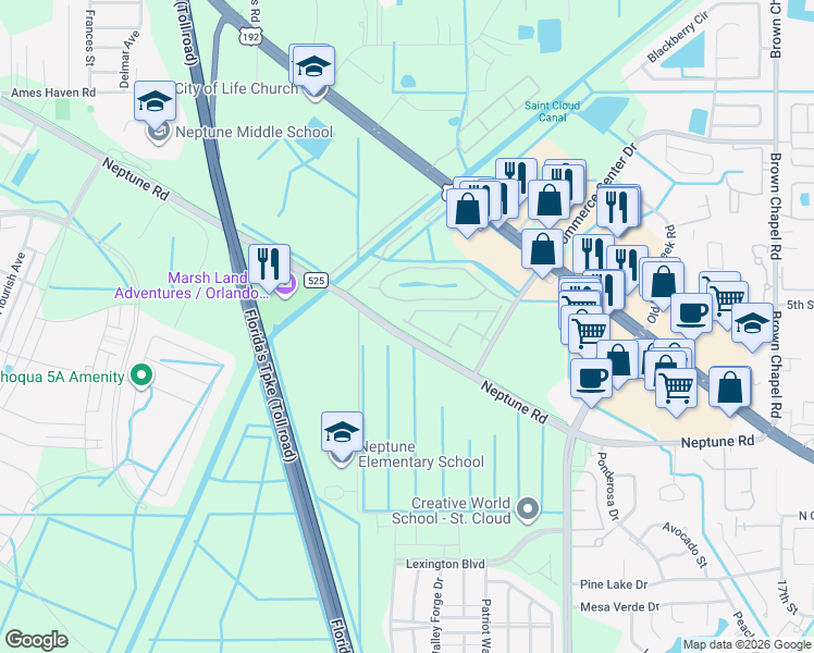 map of restaurants, bars, coffee shops, grocery stores, and more near 4991 Alita Terrace in St. Cloud