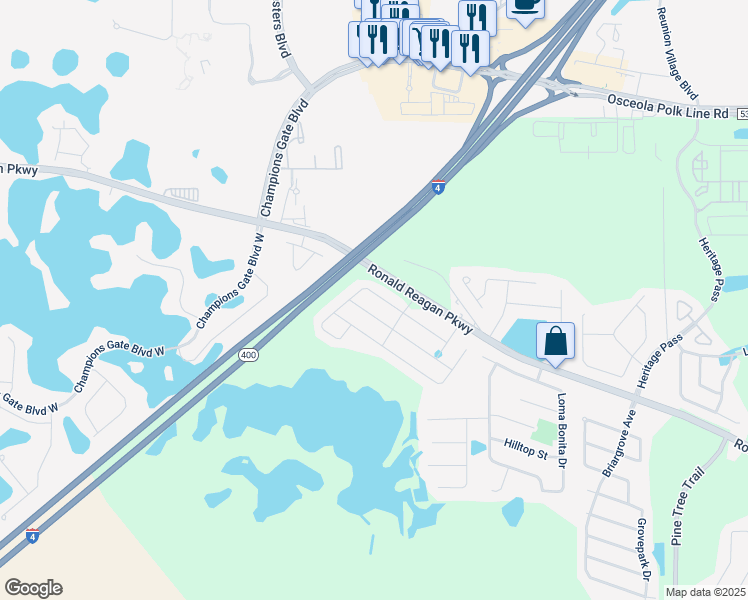 map of restaurants, bars, coffee shops, grocery stores, and more near 239 Whirlaway Drive in Davenport
