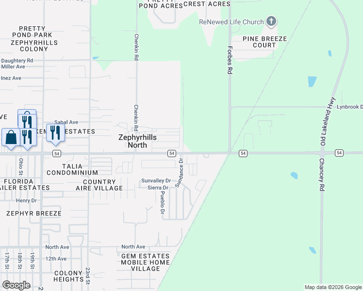 map of restaurants, bars, coffee shops, grocery stores, and more near 6500-6598 Pecan Street in Zephyrhills