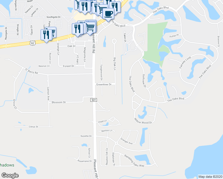 map of restaurants, bars, coffee shops, grocery stores, and more near 1824 Big Oak Lane in Kissimmee