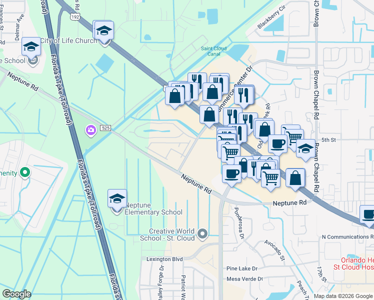 map of restaurants, bars, coffee shops, grocery stores, and more near 610 Pacito Way in St. Cloud
