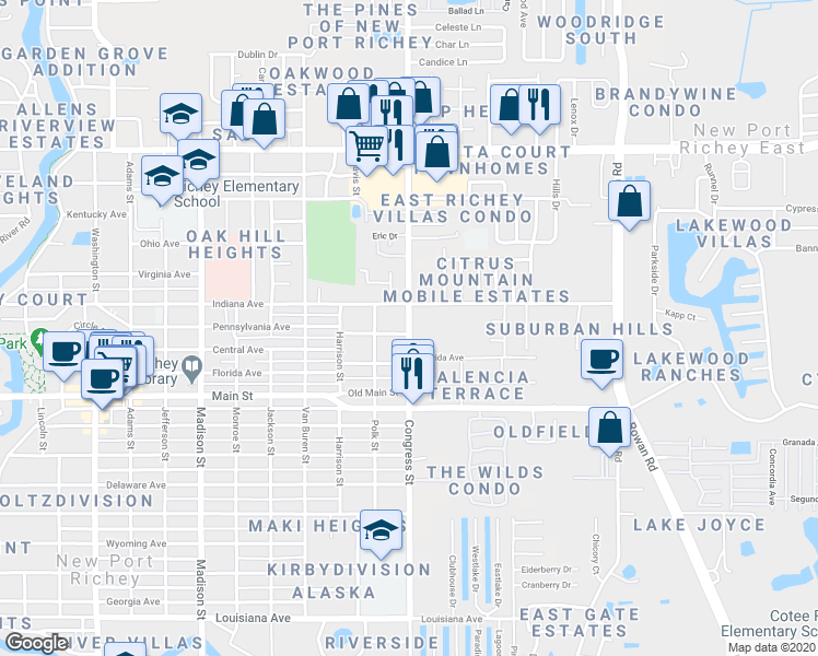 map of restaurants, bars, coffee shops, grocery stores, and more near 6436 Congress Street in New Port Richey