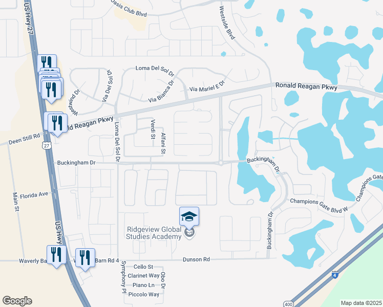 map of restaurants, bars, coffee shops, grocery stores, and more near 5947 Loma Vista Drive West in Davenport