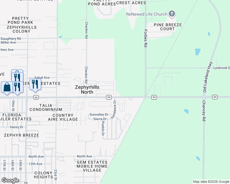 map of restaurants, bars, coffee shops, grocery stores, and more near 6548 Pecan Drive in Zephyrhills