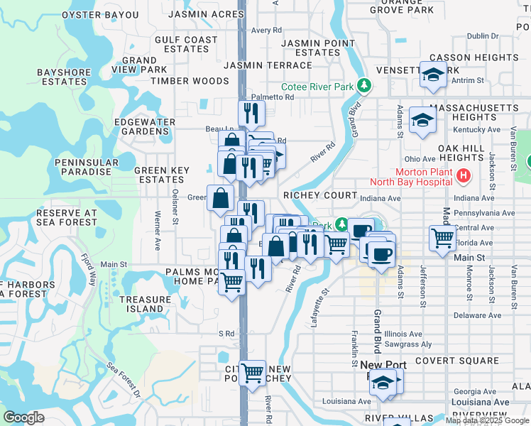 map of restaurants, bars, coffee shops, grocery stores, and more near 6510 Brandon Drive in New Port Richey