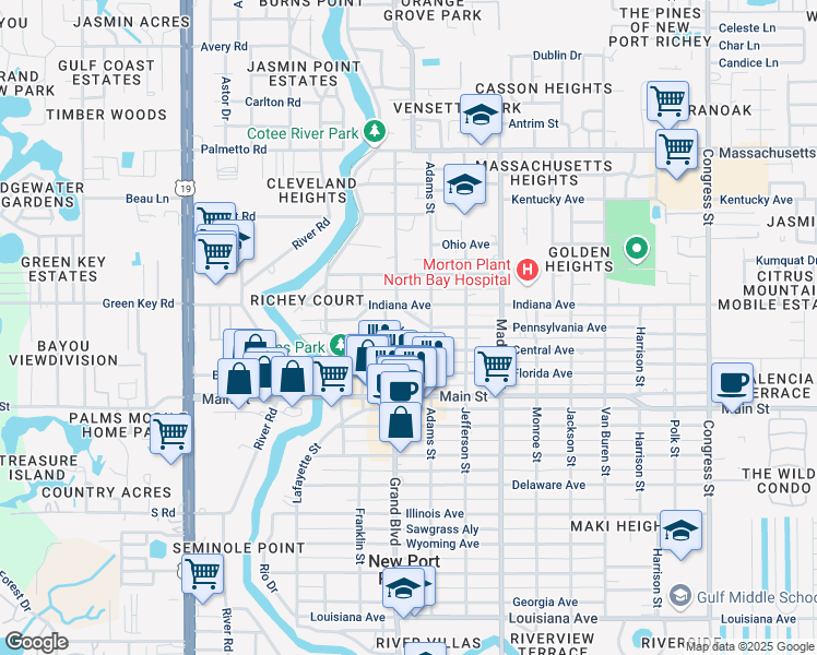 map of restaurants, bars, coffee shops, grocery stores, and more near 6541 Circle Boulevard in Port Richey