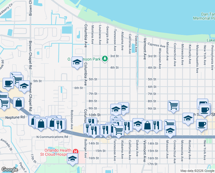 map of restaurants, bars, coffee shops, grocery stores, and more near 600 Georgia Avenue in St. Cloud