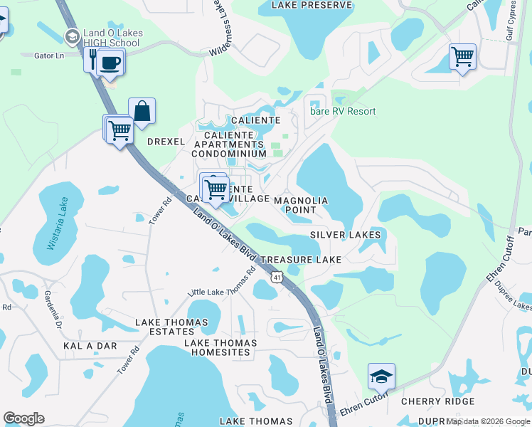 map of restaurants, bars, coffee shops, grocery stores, and more near 6521 Barcellona Road in Land O' Lakes