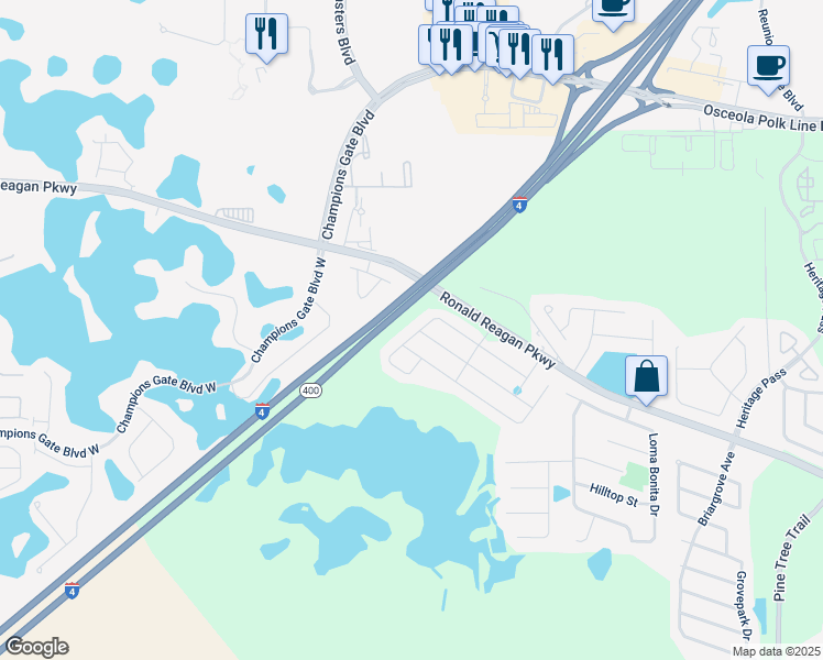 map of restaurants, bars, coffee shops, grocery stores, and more near 184 Whirlaway Drive in Davenport