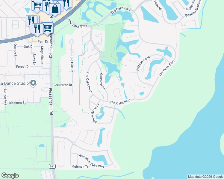 map of restaurants, bars, coffee shops, grocery stores, and more near 1841 Wedgewood Way in Kissimmee