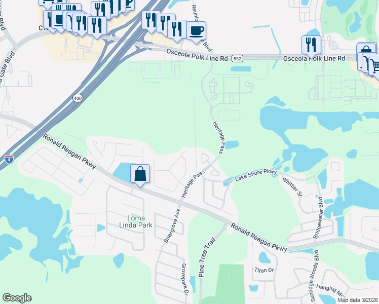 map of restaurants, bars, coffee shops, grocery stores, and more near 334 Willow View Drive in Davenport