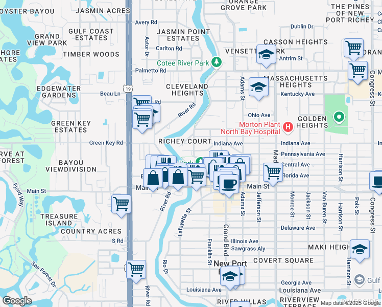 map of restaurants, bars, coffee shops, grocery stores, and more near 6502 Grand Boulevard in New Port Richey