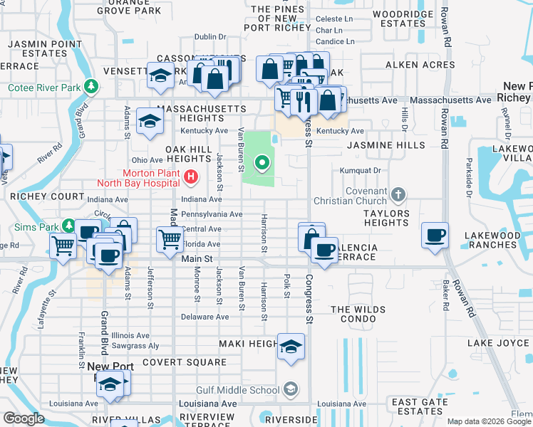 map of restaurants, bars, coffee shops, grocery stores, and more near 6508 Harrison Street in New Port Richey
