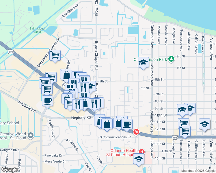 map of restaurants, bars, coffee shops, grocery stores, and more near 604 McKay Street in St. Cloud