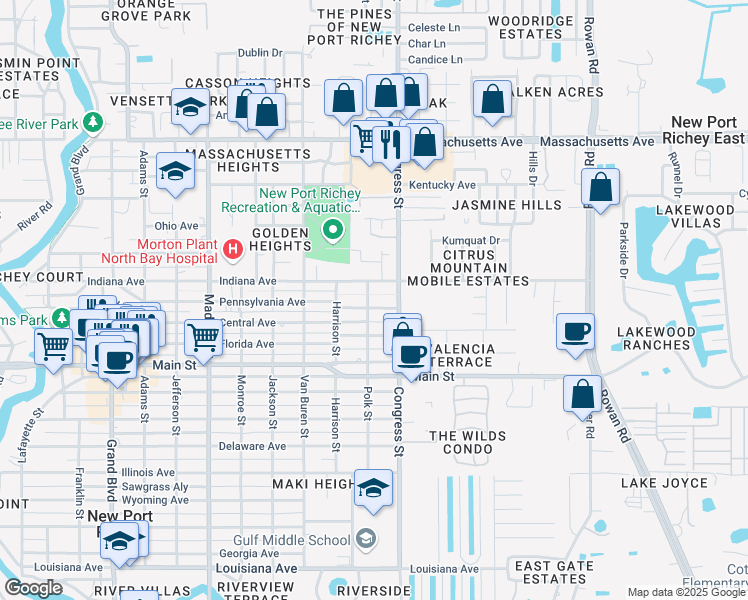 map of restaurants, bars, coffee shops, grocery stores, and more near 6423 Pennsylvania Avenue in New Port Richey