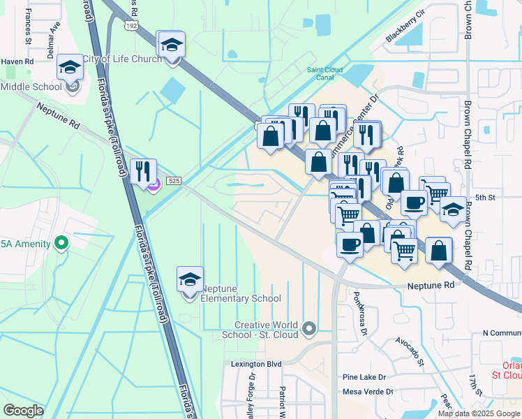 map of restaurants, bars, coffee shops, grocery stores, and more near 4860 Battaglia Boulevard in Saint Cloud