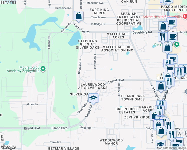 map of restaurants, bars, coffee shops, grocery stores, and more near 37146 Foxrun Place in Zephyrhills