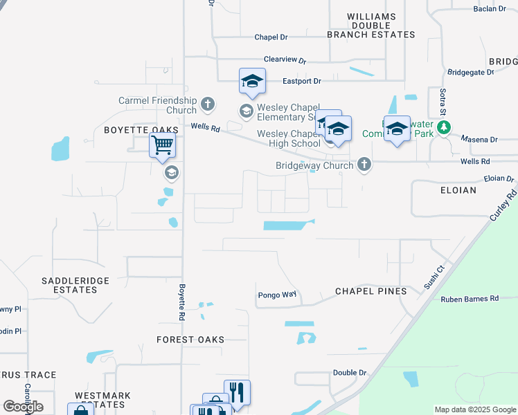 map of restaurants, bars, coffee shops, grocery stores, and more near 6309 Dutton Drive in Wesley Chapel