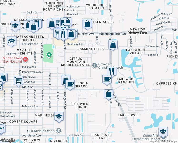 map of restaurants, bars, coffee shops, grocery stores, and more near 6452 Taylor Court in New Port Richey