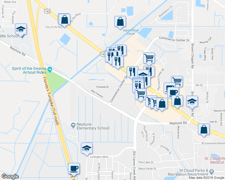 map of restaurants, bars, coffee shops, grocery stores, and more near 590 Pacito Way in Saint Cloud