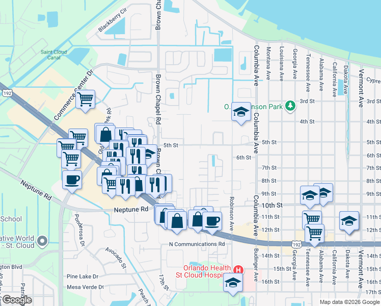 map of restaurants, bars, coffee shops, grocery stores, and more near 604 McKay Street in St. Cloud