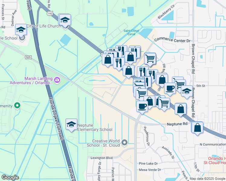 map of restaurants, bars, coffee shops, grocery stores, and more near 610 Pacito Way in St. Cloud