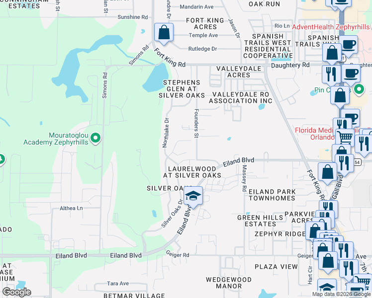 map of restaurants, bars, coffee shops, grocery stores, and more near 37147 Foxrun Place in Zephyrhills