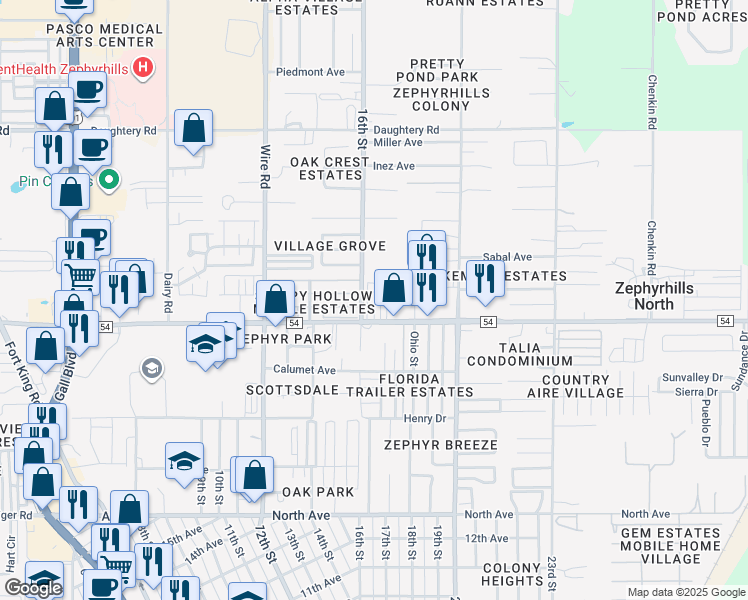 map of restaurants, bars, coffee shops, grocery stores, and more near 38825 County Road 54 in Zephyrhills