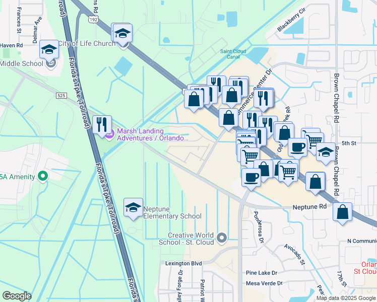 map of restaurants, bars, coffee shops, grocery stores, and more near 4854 Battaglia Boulevard in St. Cloud