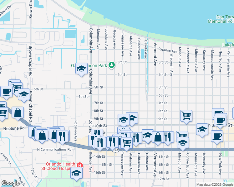 map of restaurants, bars, coffee shops, grocery stores, and more near 600 Georgia Avenue in St. Cloud