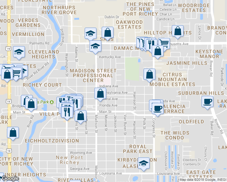 map of restaurants, bars, coffee shops, grocery stores, and more near 6127 Pennsylvania Avenue in New Port Richey