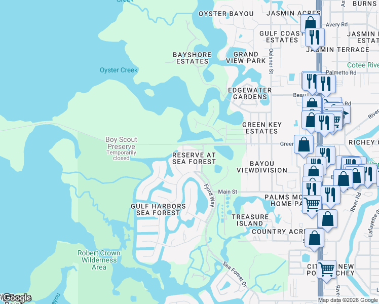 map of restaurants, bars, coffee shops, grocery stores, and more near 6517 Sand Shore Lane in New Port Richey