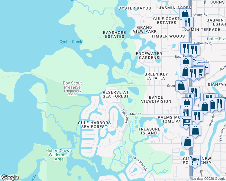 map of restaurants, bars, coffee shops, grocery stores, and more near 4536 Heron Lodge in New Port Richey