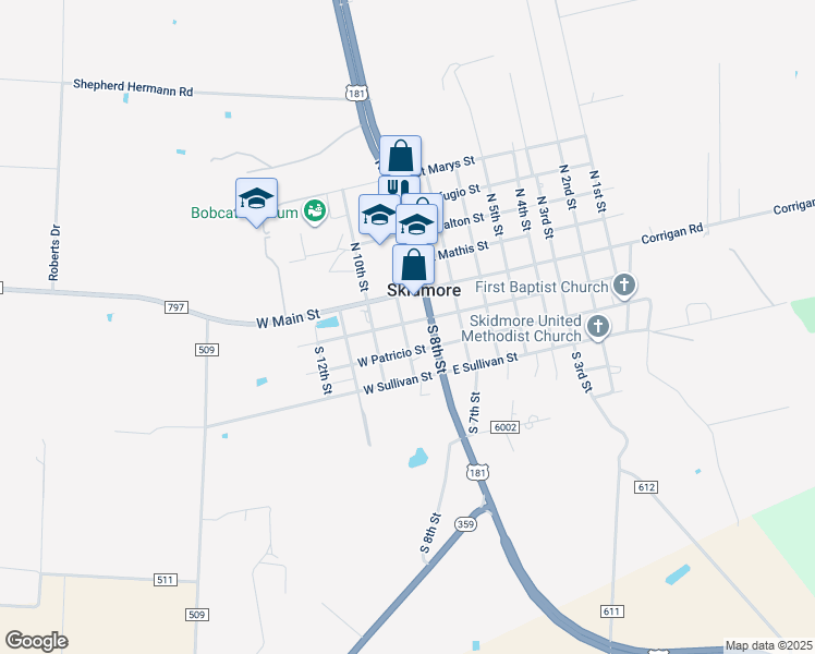 map of restaurants, bars, coffee shops, grocery stores, and more near 809 East Corpus Christi Street in Skidmore