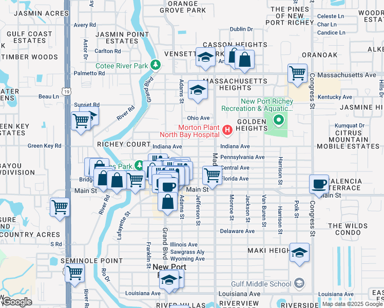 map of restaurants, bars, coffee shops, grocery stores, and more near 5843 Pennsylvania Avenue in Port Richey