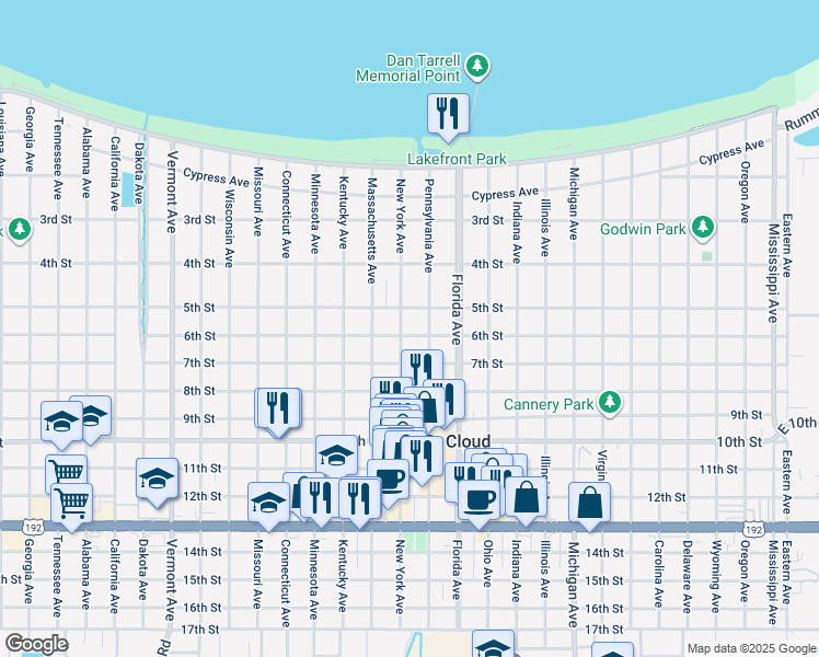 map of restaurants, bars, coffee shops, grocery stores, and more near 808 New York Avenue in St. Cloud