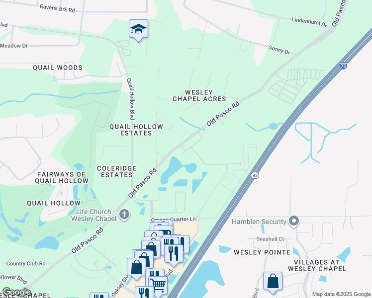 map of restaurants, bars, coffee shops, grocery stores, and more near 6571 Old Pasco Road in Zephyrhills